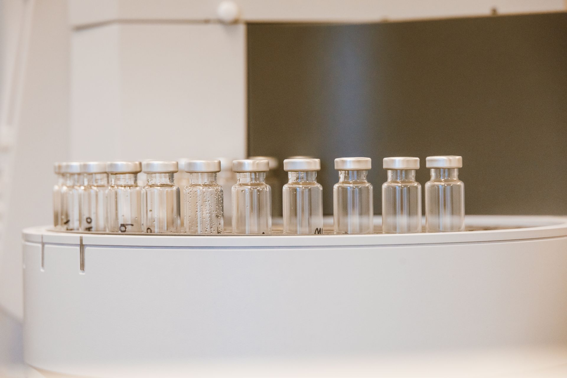 Research peptide vials in a laboratory setting